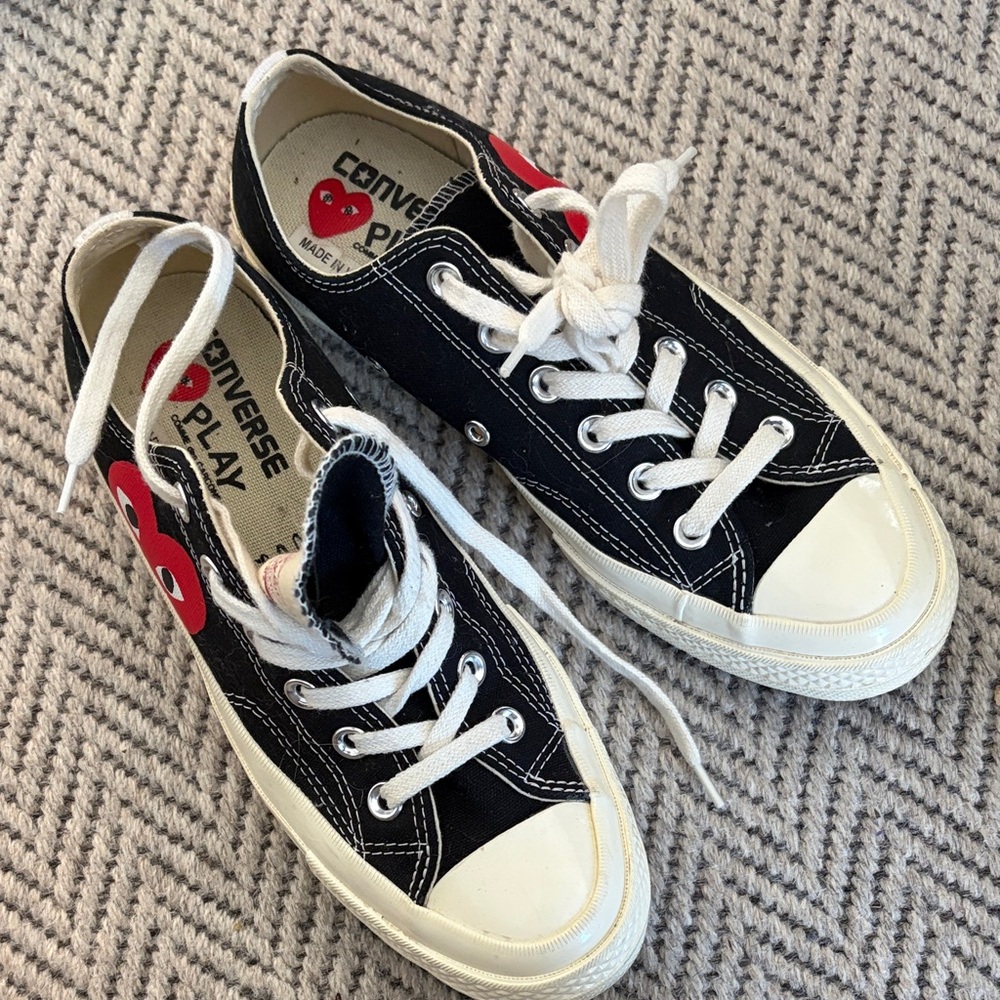 Converse + Chuck Taylor Black and White Sneakers with Red Heart